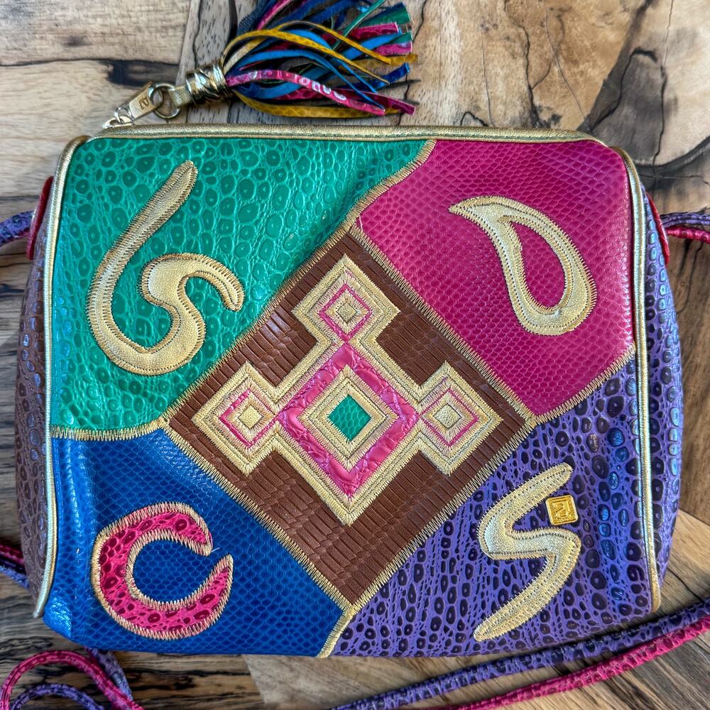 VTG 80s NAS Bag Alention Ld Patchwork Crossbody Exotic Reptile Tassel Maximalist - Picture 15 of 16